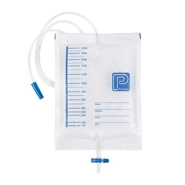 Premier Night Drainage Bag, T-Valve Outlet, 120cm Tube, 2000ml (10 x Pack)